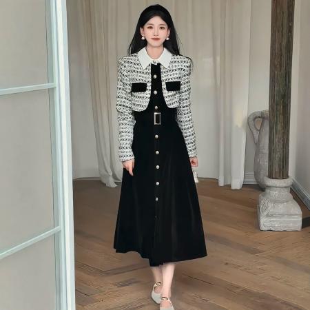 小香风翻领短外套丝绒长裙两件套显瘦气质通勤 服裝批發女裝批發服飾貨源