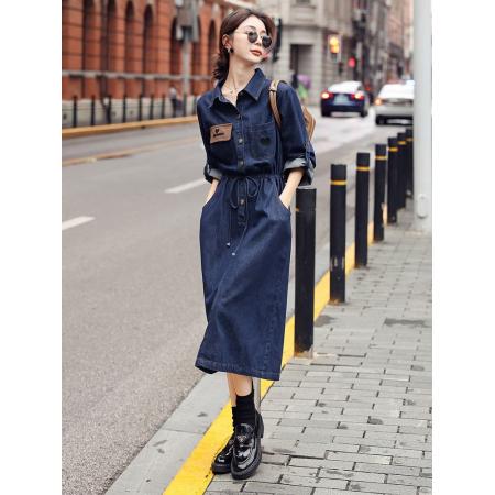 欧洲站高级气质牛仔裙连衣裙潮秋新款女时尚休闲显瘦减龄长裙 服裝批發女裝批發服飾貨源