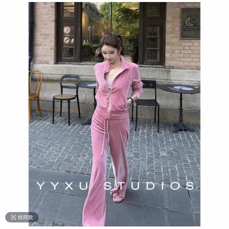 BY35862# 媛媛奶芙百利甜金丝绒保暖气质时尚套装上衣+裤子  服裝批發女裝批發服飾貨源