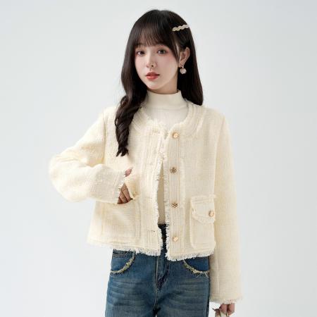 BY35978# 春季新款小香风粗毛呢短外套女宽松设计感气质流苏上衣  服裝批發女裝批發服飾貨源