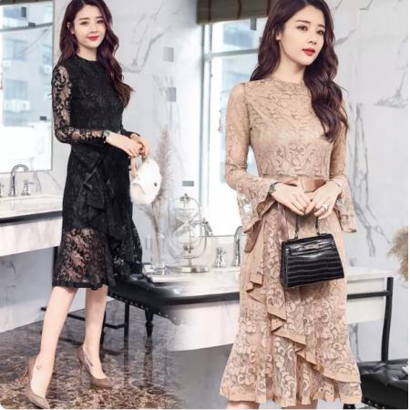 FA57124# 蕾丝连衣裙女新款春秋修身显瘦秋冬季打底裙中长款气质鱼尾裙
